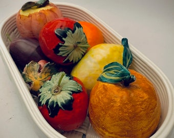 Italian Porcelain Fruit Basket Centerpiece, White Ceramic Oval Bowl with Sculpted Fruit,  Vintage Italian Kitchen Decor