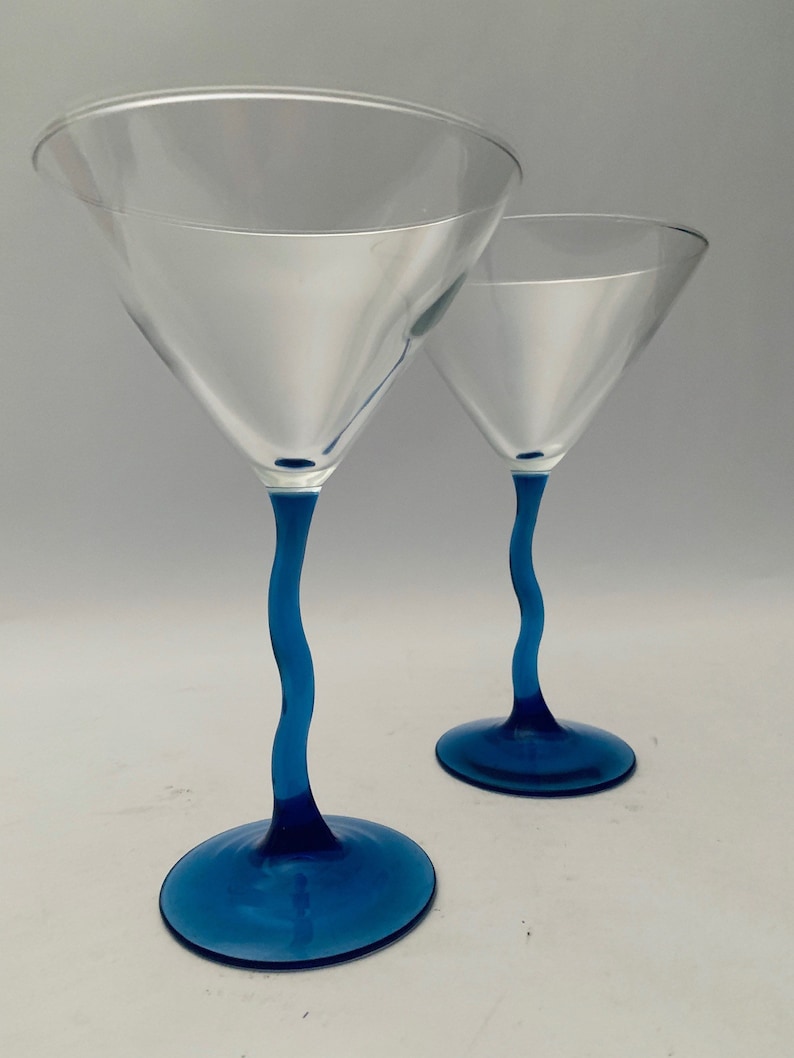 Vintage Wiggle Wavy Crooked Blue Stem Martini Glasses Set of Etsy