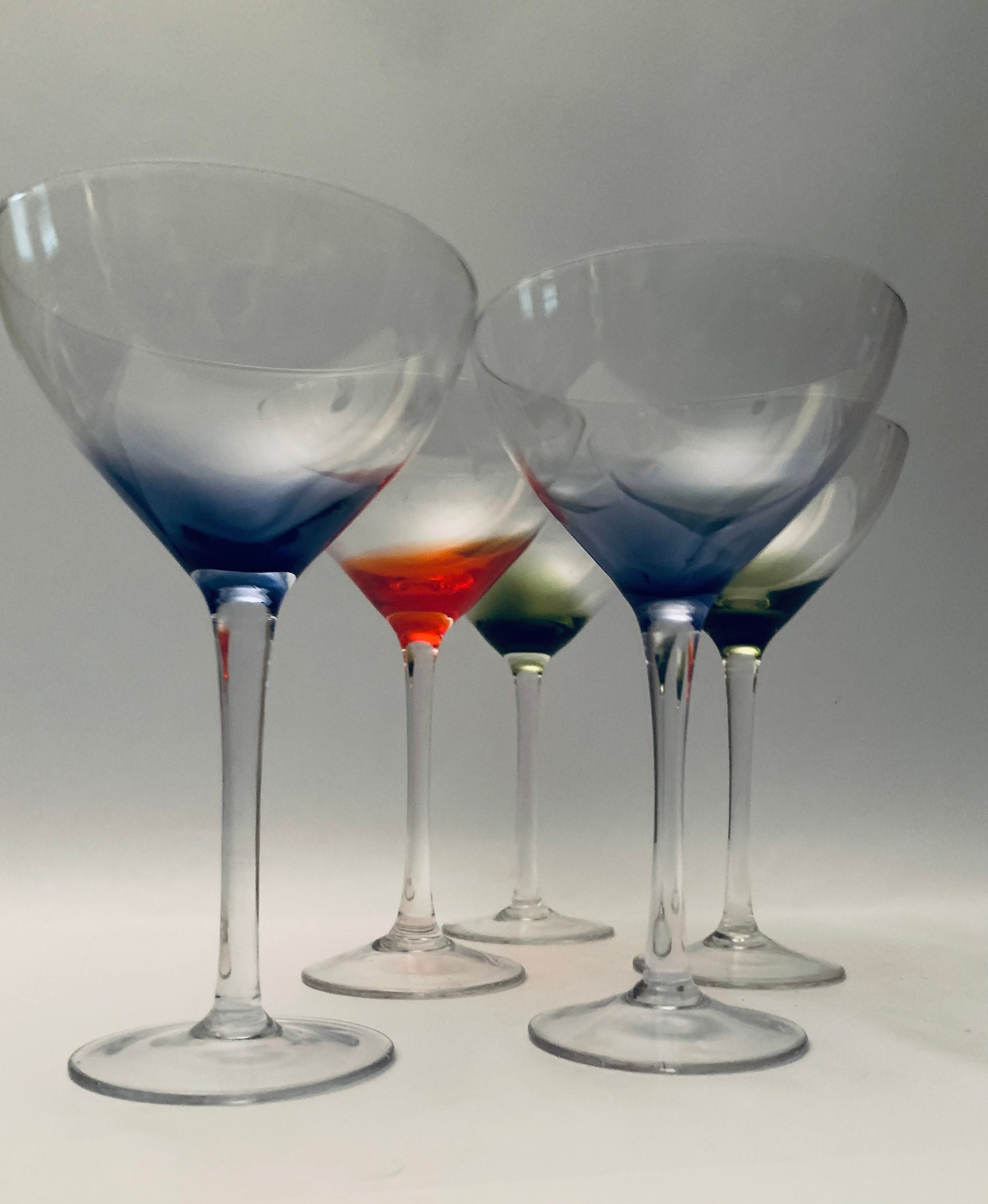MCM Set of 4 martini glasses colored gradient funky fun vintage barware  Mykasa Cheers. Holiday gift housewarming bar decor blown glassware