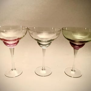 Stunning Handcrafted  Blown Multi Color / Multi-Toned Margarita Glasses - Set of (3)