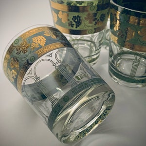 Vintage Cera Roman Arch Glasses 22kt. Gold & Blue Green / Green with Grapes Vine with Arches- Set of (4)