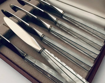 Vintage Hoffritz Stainless Steel Steak Knife Set: Mother of Pearl Art Deco Handles