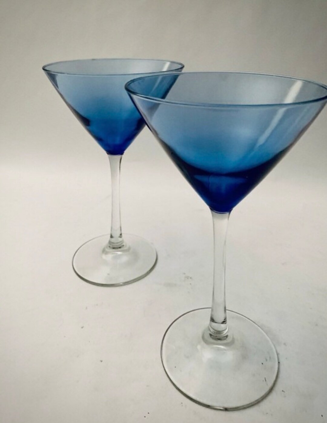 Stunning Blue Martini Glasses With Elegant Clear Stems Set Etsy