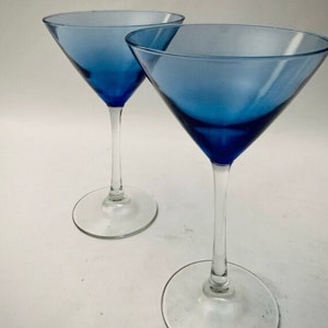 Stunning  Blue Martini Glasses with Elegant Clear Stems - Set of (2)