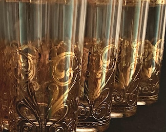Vintage Culver Highball Glasses (Set of 4) | 22K Gold Scrollware Barware