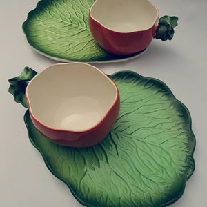 Vintage Midcentury HOLT HOWARD 1962 Majolica Tomato Cup & Lettuce Saucer Plate Lunch Set - Sold as Set of (2), 4 Pieces