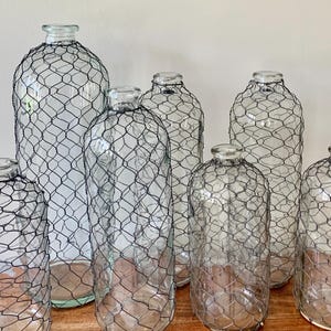 May include: A group of seven clear glass bottles of varying sizes and shapes, each encased in a black wire mesh. The bottles are arranged in a row on a wooden surface.