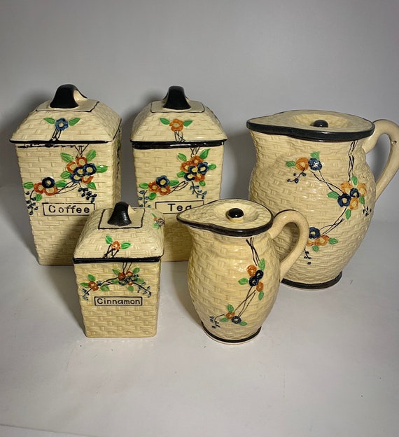Hotta Yu Shoten Majolica Basket Weave Canister and Pitcher Set
