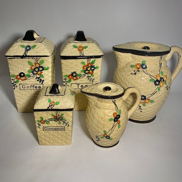 Hotta Yu Shoten Majolica Basket Weave Canister and Pitcher Set - Japan 1920s