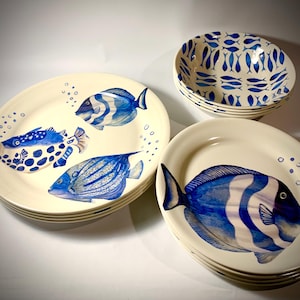 Pier 1 Melamine “Fishes” Dinnerware - Set of 4 Dinner Plates, 4 Salad Plates, 4 Bowls. Beach House Dinnerware - 12 piece Set