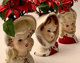 Vintage 1960s Mini Inarco Christmas Head Vases with Original Tags and Flowers - Sold Individually