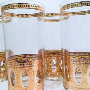 Vintage Mid-Century Culver Antigua 22K Gold Collins Glasses, High Ball Glasses -  Set of (4)
