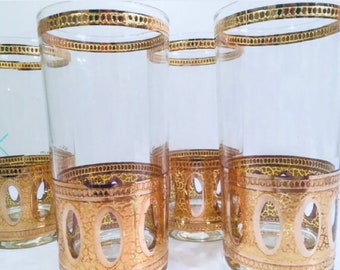 Vintage Culver Antigua 22K Guld Collins Glasögon, High Ball Glasögon - Set om (4)