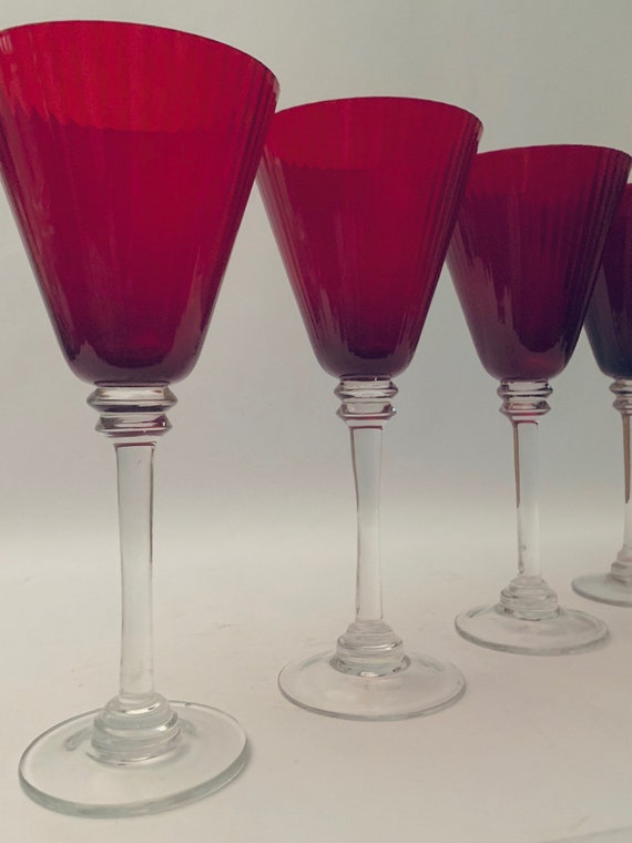 Ruby Red Fluted / Ribbed Wine Glasses With Clear Stem Set of 4 -  Israel