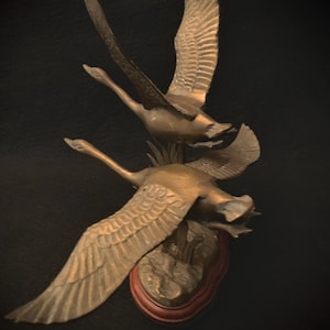 Vintage Solid Brass Canada Geese in Flight Sculpture