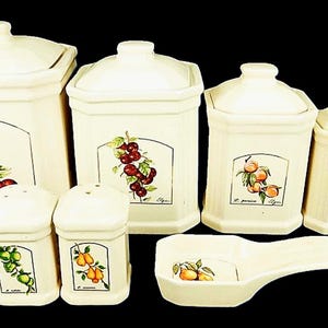 Vintage Elgin Home Collection 1989 - Complete Set of Ceramic Graduated Canisters (4) & Matching Stovetop Set, Salt, Pepper, and Spoonrest