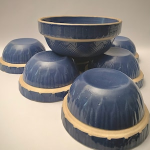Rare Vintage Antique Blue  Berry Bowl Set, Dessert Bowl Set,  Picket Fence / Basketweave - Set of (7)