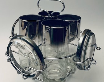 Queen’s Lusterware / Dorothy Thorpe Silver Tone Fade Highball Glasses (4), Coasters (4) and Chrome Caddy / Carrier