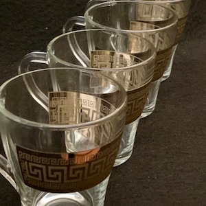 Clear Glass Tea Mugs w/ Gold Greek Key Band Design - Set of (2)