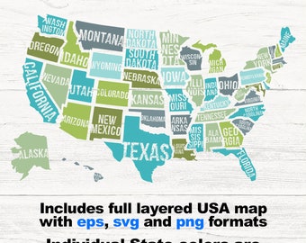 May include: A layered map of the United States with each state outlined in a different color. The states are labeled with their names. The map is on a white wood background. The text below the map reads "Includes full layered USA map with eps, svg and png formats Individual State colors are FULLY EDITABLE".