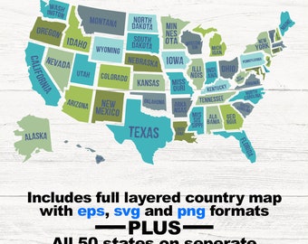 50 separates files SVG and PNG, 50 States Svg, United States Svg, USA Svg, States Cutting Files, States Outline Svg, State Cut Files