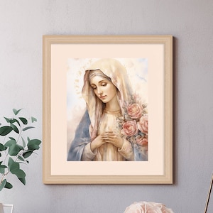 Heilige Maagd Maria afdrukbare kunst | Katholieke aquarel kunst aan de muur | Direct downloaden | Marian woondecoratie voor gebedshoek