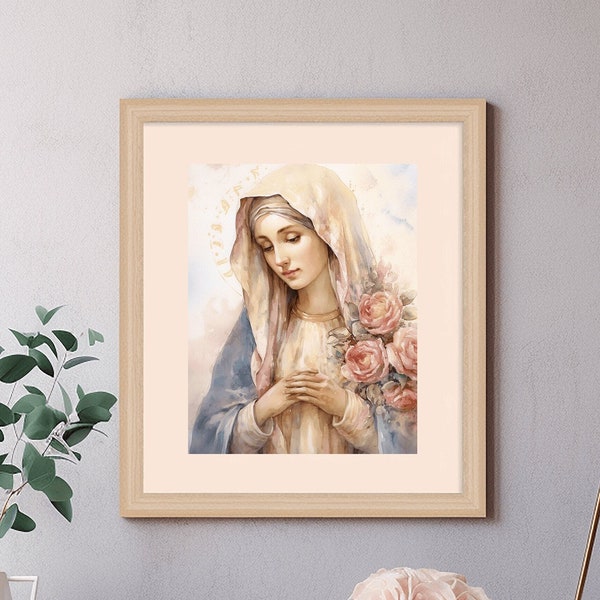 Catholic printable, watercolor Blessed Virgin Mary, catholic printable watercolor, clipart, digital download, Mary our Mother, Christian