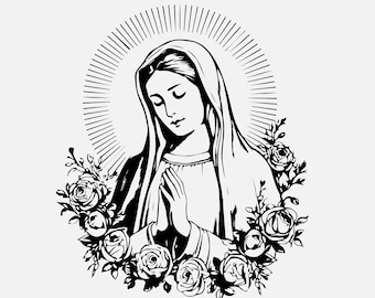 Blessed Virgin Mary SVG, Digital downloadable art, Printable Catholic Art, catholic cutting file, engraving, Mother Mary, Catholic clipart