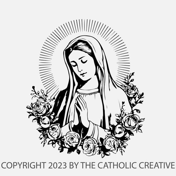 Blessed Virgin Mary SVG, Digital downloadable art, Printable Catholic Art, catholic cutting file, engraving, Mother Mary, Catholic clipart