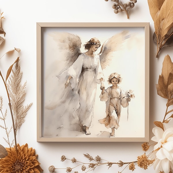 Peinture à l'aquarelle d'ange gardien, TÉLÉCHARGEMENT NUMÉRIQUE, imprimable catholique, art catholique, clipart chrétien, art pour la chambre des enfants, cadeau