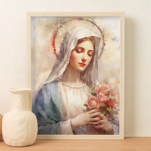 Arte de acuarela de la Santísima Virgen María, católica imprimible, imágenes prediseñadas, descarga digital, arte de pared, cristiano, María nuestra Madre, arte cristiano