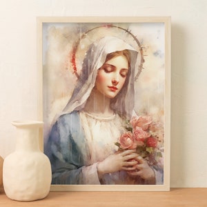 Blessed Virgin Mary Watercolor art, catholic printable, clipart, digital download, wall art, christian, Mary our Mother, christian art