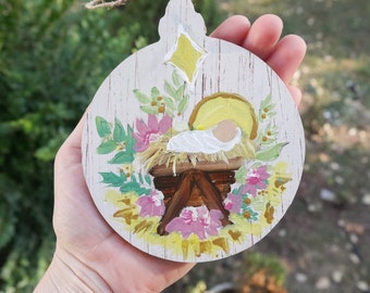 Hand-Painted Nativity Christmas Ornament, Farmhouse Wooden Decor