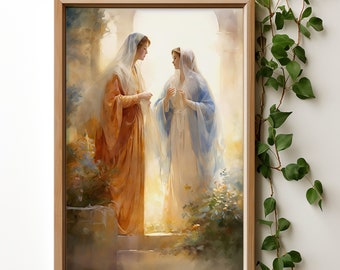 2nd Joyful Mystery Watercolor art, the Visitation, Instant download, Rosary Clipart, Catholic printable, Rosary art, Catholic wall decor