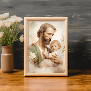 St Joseph the Worker, Fathers day gift,Digital download, printable art, St Joseph holding Christ Child, Clipart, digital, christian art,