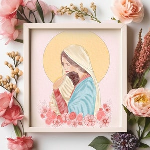 Madonna and Child Hand-drawn Illustration, Original signed Print, Catholic art, Saints art, Catholic digital print