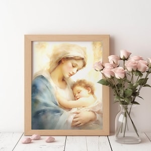 Madonna en kind aquarel kunst, DOWNLOADBARE digitale print, katholieke afdrukbare, clipart, digitale download, christelijk, Jezus print