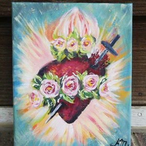 Immaculate Heart of Mary, Original Acrylic canvas  painting, Catholic art, Catholic painting, Sacred Heart, Blessed Virgin Mary