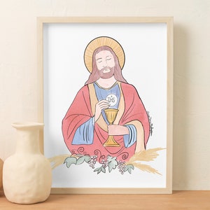 Sacred Heart of Jesus First Communion Illustration, Jesus art, Jesus digital download, unique and original illustration