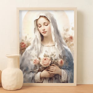Blessed Virgin Mary Watercolor Digital Print | Catholic Art | Printable Wall Decor | Christian Digital Download