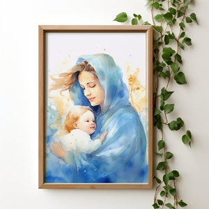 Vergine e bambino, download digitale istantaneo, acquerello stampabile cattolico, clipart, download digitale, Maria nostra Madre, arte mariana, cristiana