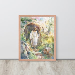 Jésus se lève d'entre les morts, impression encadrée de Pâques, 1er mystère glorieux, art du chapelet, art aquarelle de Pâques, impression de chapelet, aquarelle catholique