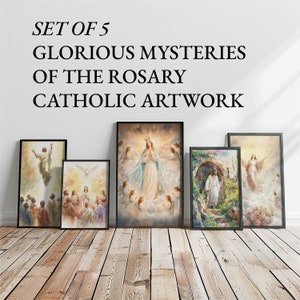 Ensemble d'impressions d'art aquarelle chapelet des Mystères glorieux : décoration murale catholique pour coin de prière
