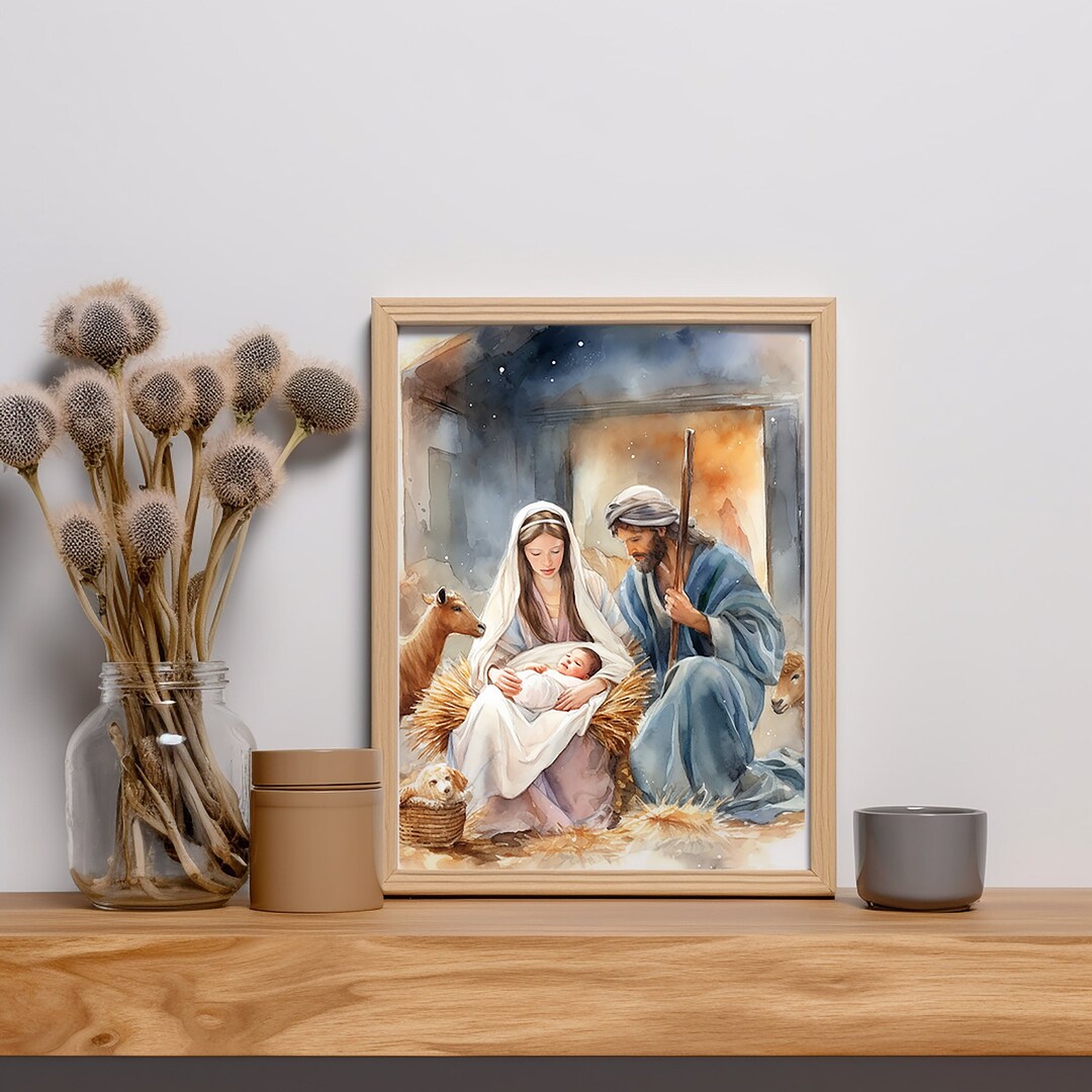 Catholic Scene Nativity Scene Watercolor, Catholic Art Printable, Instant Digital ...
