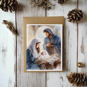 Tarjetas navideñas católicas, conjunto de acuarelas de la Natividad, Cristo en la Navidad, tarjetas navideñas en acuarela, tarjetas navideñas únicas