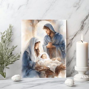 Escena de la natividad en acuarela, arte católico imprimible, póster cristiano, impresión de arte DIGITAL, clipart de acuarela, pintura de escena de la natividad