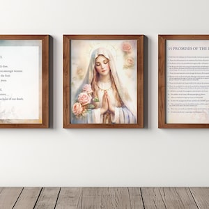 Set of 3 Marian Prints, 15 promises of the Rosary, Catholic Art, Catholic prints, Home decor, Christian wall art, rosary art, Catholic home