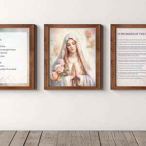 Set of 3 Marian Prints, 15 promises of the Rosary, Catholic Art, Catholic prints, Home decor, Christian wall art, rosary art, Catholic home