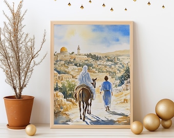 Journey to Bethlehem Art Print | Advent Catholic Wall Art | Holy Family Christmas Decor | Nativity Scene Artwork | Christian Holiday Print