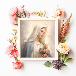 Santísima Virgen María con rosas, DESCARGA DIGITAL, acuarela católica imprimible, clipart, descarga digital, María nuestra Madre, arte cristiano